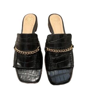 Vince Camuto Jenivey Croc Embossed Black Leather Mule Sandal Gold Chain Sz 9M